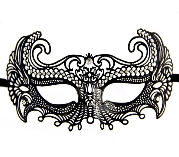 Siyah Renk Lazer Kesim Üzeri Kristal Taşlı Metal Balo Parti Venedik Maskesi ürün görseli