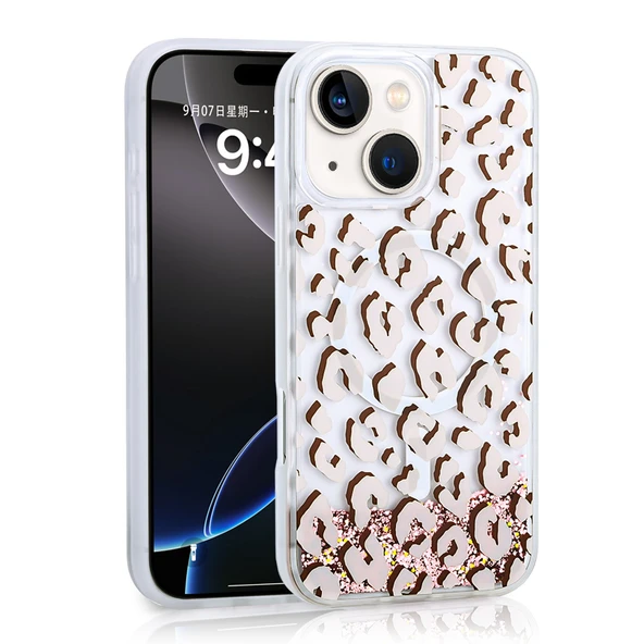 iPhone 14 / İphone 13 Kılıf Sıvılı Simli Baskılı Şeffaf Arka Yüzey Mossa Silikon Kılıf - Resim 3