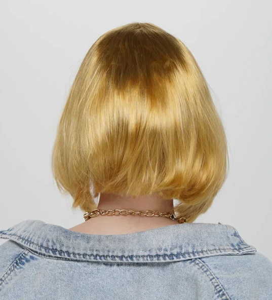 Altın Renk Düz Kesim Küt Parti Peruğu Kısa Takma Saç - Resim 2