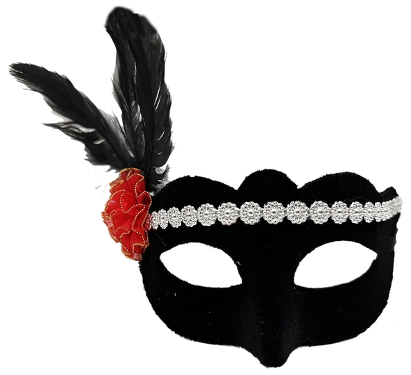 Siyah Renk Süet Kaplama Gümüş Dantelli Kırmızı Gül Tasarımlı Parti Maskesi 18x20 Cm ürün görseli