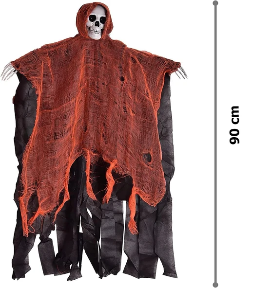 Led Işıklı Kahkaha Atan Sesli Sensörlü Ürpertici Kuru Kafa Korku Hayalet Saçaklı Dekor 90x50 Cm ürün görseli