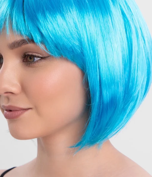 Turkuaz Açık Mavi Renk Düz Kesim Kısa Küt Parti Peruğu - Resim 5