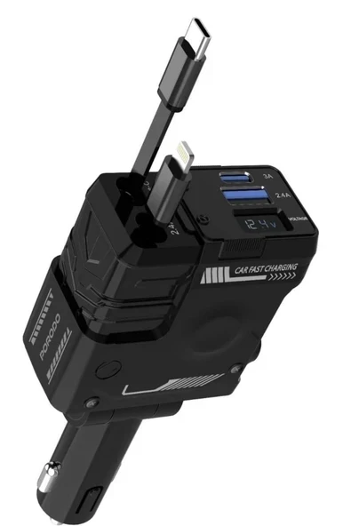 ACL ACC-02 66W 3.4A, 4in1 Geri Çekilebilir Kablolu Dijital Göstergeli A+C Portlu Araç İçi Şarj ürün görseli 1