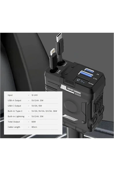 ACL ACC-02 66W 3.4A, 4in1 Geri Çekilebilir Kablolu Dijital Göstergeli A+C Portlu Araç İçi Şarj - Resim 2