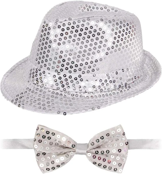 Gümüş Payetli Şapka Ve Papyon Seti – Parıltılı Yetişkin Kostüm Seti - Resim 2