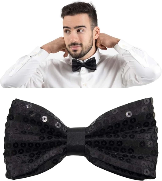 Gece Işıltısı Siyah Payetli Pullu Papyon 7x2 Cm - Resim 2