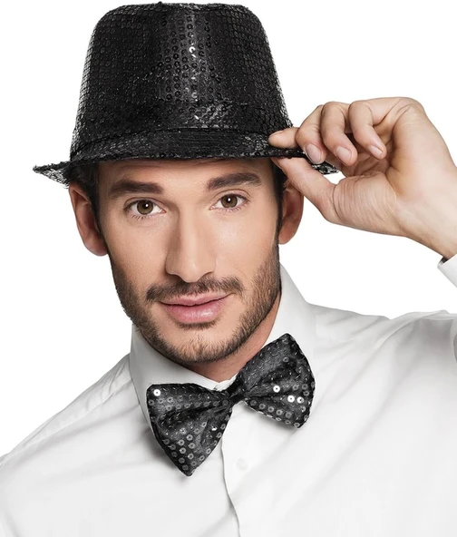 Siyah Payetli Şapka Ve Papyon Seti – Parıltılı Yetişkin Kostüm Seti - Resim 2