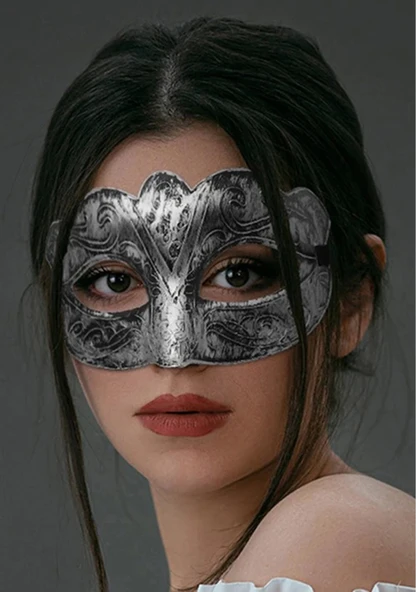 Maskeli Balo Antik Gri Gümüş Eskitilmiş Maske Balo Venedik - Resim 4