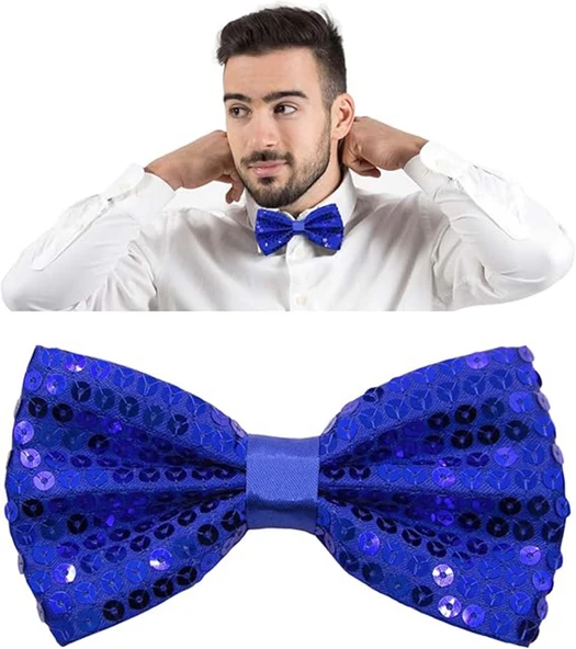 Gece Işıltısı Mavi Payetli Pullu Papyon 7x2 Cm - Resim 4