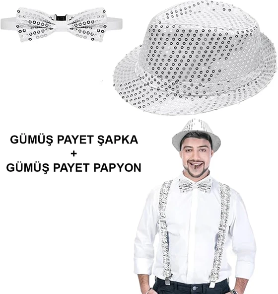 Gümüş Payetli Şapka Ve Papyon Seti – Parıltılı Yetişkin Kostüm Seti ürün görseli