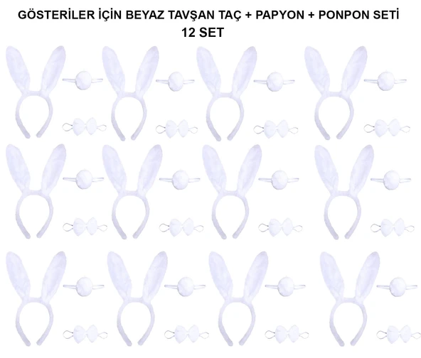 Beyaz Tavşan Kostüm Seti – Taç, Papyon, Kuyruk (12’li Paket) ürün görseli