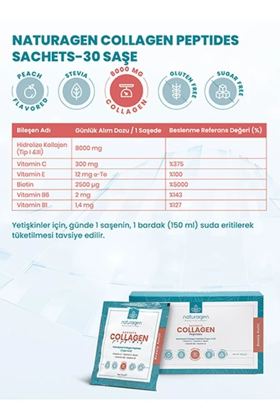 Collagen Beauty 30'lu Saşe Şeftali Aromalı Tip 1 & Tip 3 - 8.000 Mg Hidrolize Toz Kolajen - Resim 2