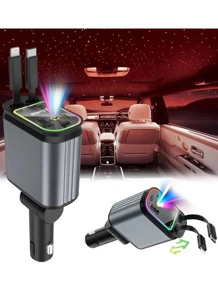 ACL ACC-01 66W 3.4A, 4in1 Geri Çekilebilir Kablolu Yıldız Tavan, RGB A+C Portlu Araç İçi Şarj - Resim 3