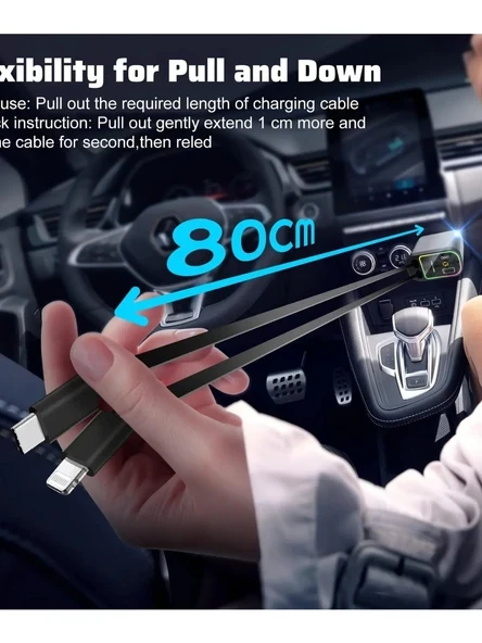 ACL ACC-01 66W 3.4A, 4in1 Geri Çekilebilir Kablolu Yıldız Tavan, RGB A+C Portlu Araç İçi Şarj - Resim 4