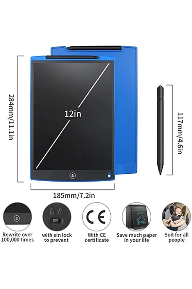12 Inc Writing Lcd Grafik Dijital Kalemli Çizim Tableti Yazı Tahta Not Yazma Eğitim Tableti - Resim 3