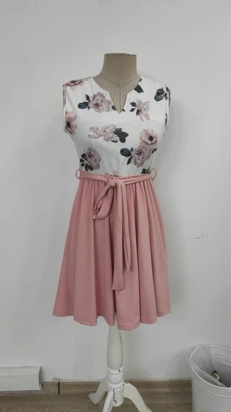 Lucky Life Kadın Sıfır Kollu V Yakalı çiçek Baskılı Beli Kuşaklı Dalgıç Elbise - Resim 5