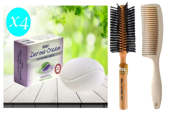 Dalan Sabun Derma Cream Nemlendirici 100GR 4 Adet Sabun Bio Care Tarak Saç Fırçası Klasik Şekil Verme Fön 1+1 Adet