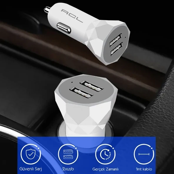 ACL AC-91 2.4A, 10W 2xUSB, 1mt Type-C Kablolu Araçiçi Şarj Alet Araç İçi Şarj - Resim 2