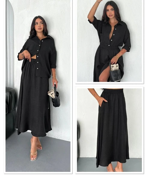 Lucky Life Kadın Keten Kumaş Gömlek Ve Etek Ikili Takim - 5