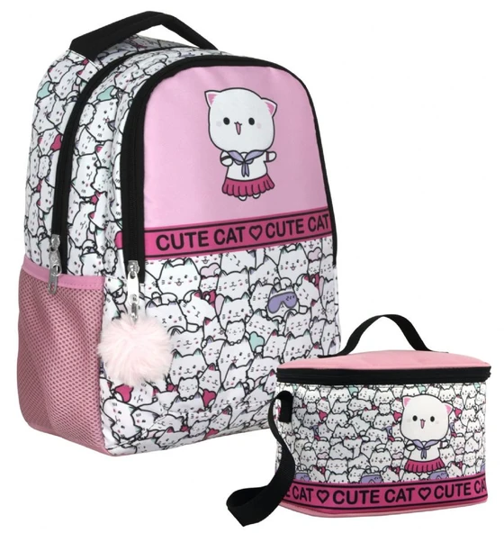Cennec Sevimli Kediler Desenli Kız Çocuk Pembe Beyaz İkili Çanta ve Beslenme Seti - SETUMT5012B ürün görseli