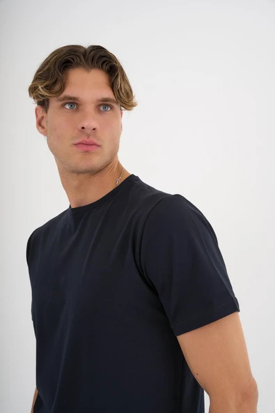 Erkek Lacivert %100 Pamuklu Standart Kalıp  Likralı Basic T-Shirt - 9
