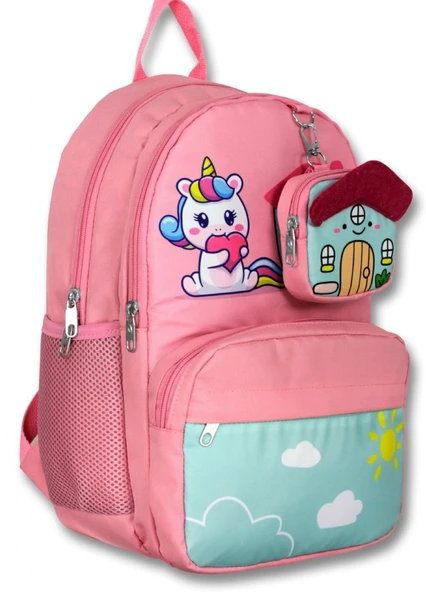 Cennec 5051 (Unicorn - Pembe Yeşil - Kız Çocuk) Okul Çantası - Sevimli Anahtarlık Dahil ürün görseli
