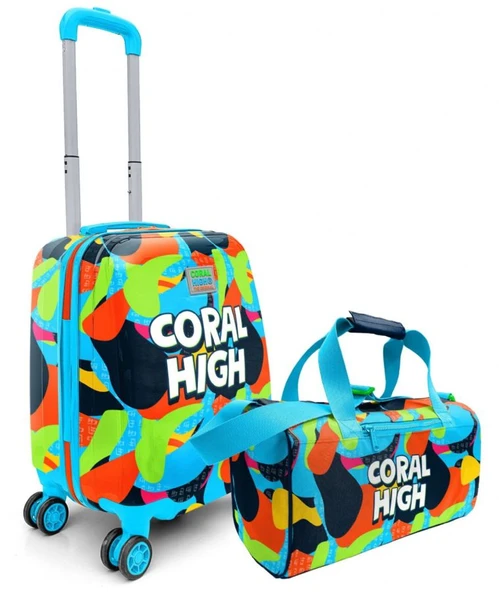 Coral High Erkek Çocuk Lacivert Mavi Grafiti Desenli Çocuk Valizi ve Seyahat/Spor Çantası Seti - 1