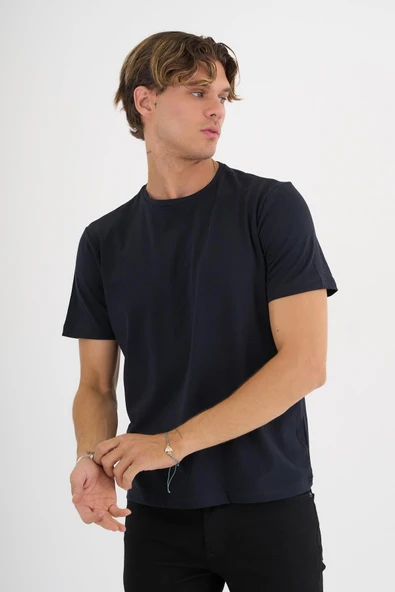 Erkek Lacivert %100 Pamuklu Standart Kalıp  Likralı Basic T-Shirt - 7