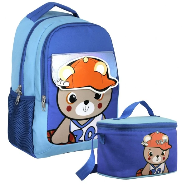 Cennec Şapkalı Ayıcık Desenli Erkek Çocuk Mavi İkili Çanta ve Beslenme Seti - SETUMT5021B ürün görseli