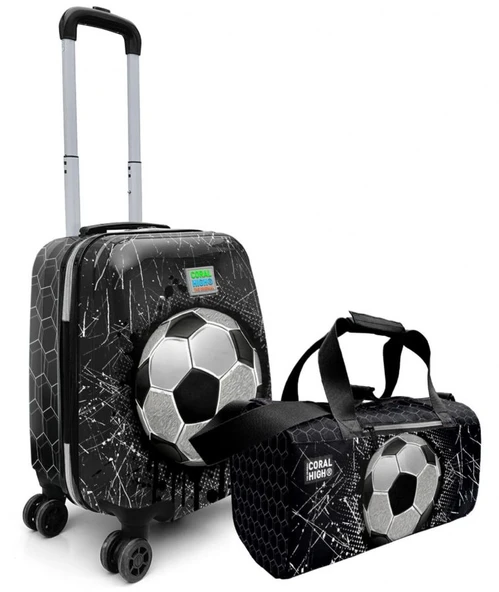 Coral High Erkek Çocuk Siyah Beyaz Futbol Desenli Çocuk Valizi ve Seyahat/Spor Çantası Seti ürün görseli
