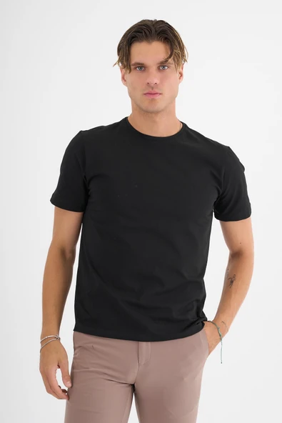 Erkek Siyah %100 Pamuklu Standart Kalıp Likralı  Basic T-Shirt