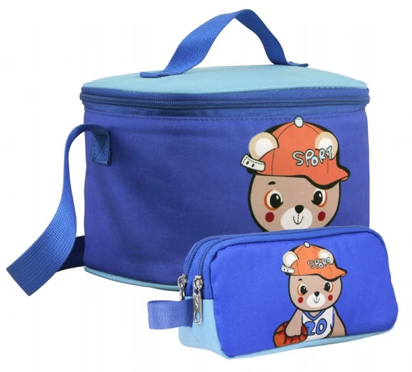 Cennec Erkek Çocuk Şapkalı Ayıcık Desenli Mavi Beslenme Çantası ve Kalemlik Seti ürün görseli
