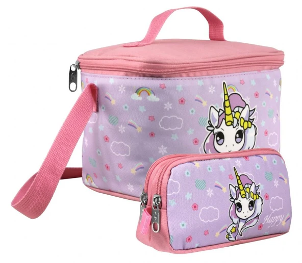 Cennec Kız Çocuk Gökkuşağı Unicorn Desenli Turkuaz Pembe Beslenme Çantası ve Kalemlik Seti ürün görseli