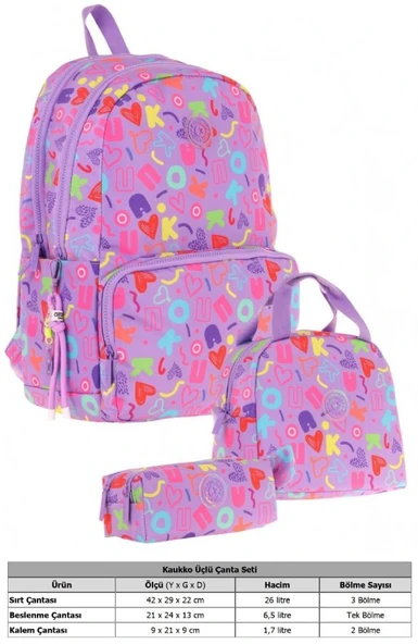 Kaukko Brokar Üçlü Okul Çanta Seti - Mor - Kalp ve Kaukko Baskılı - Kız Çocuk - Resim 2