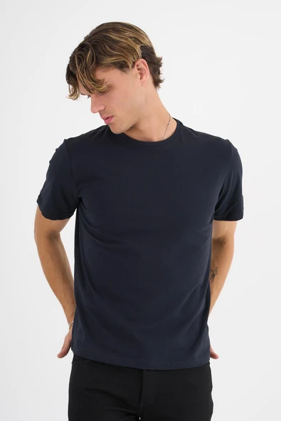 Erkek Lacivert %100 Pamuklu Standart Kalıp  Likralı Basic T-Shirt - 10
