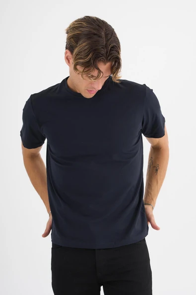 Erkek Lacivert %100 Pamuklu Standart Kalıp  Likralı Basic T-Shirt - 2