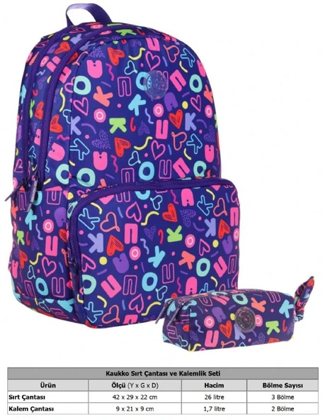 Kaukko Brokar Kalp ve Kaukko Baskılı Lacivert Kız Çocuk Okul Çantası ve Kalemlik Seti - Resim 2