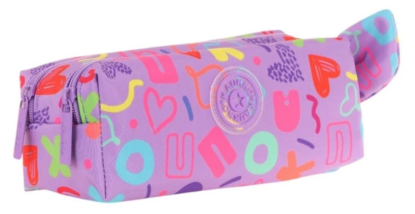 Kaukko Kız Çocuk İki Bölmeli Mor Kaukko Kalp Baskılı Kalem Çantası/Kalemlik - K2695 ürün görseli