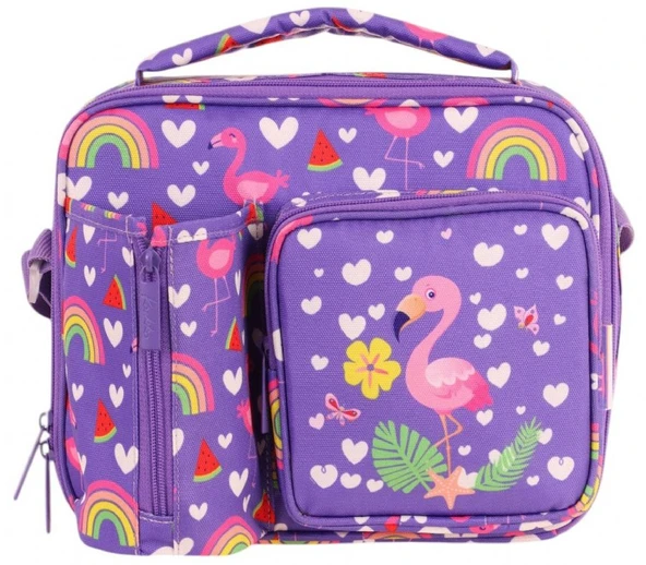 Kaukko Kız Çocuk, Pembe Mor, Flamingo Desenli Isı Yalıtımlı Üç Bölmeli (Matara Cepli) Okul Beslenme Çantası L7226 - Resim 2