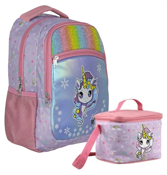 Cennec Gökkuşağı Unicorn Desenli Kız Çocuk Turkuaz Pembe İkili Çanta ve Beslenme Seti - SETUMT5015B ürün görseli