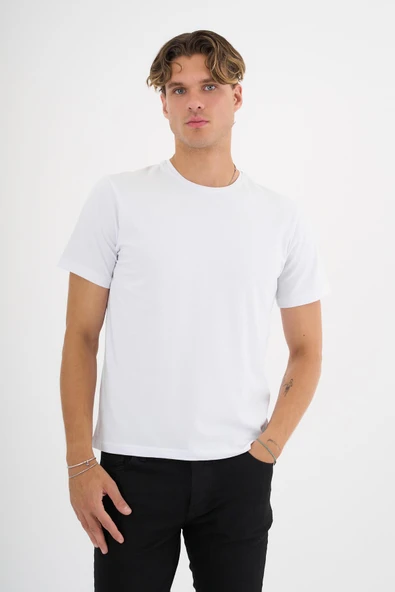 Erkek Beyaz %100 Pamuklu Standart Kalıp Likralı  Basic T-Shirt - 9