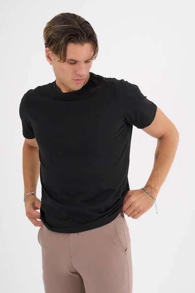 Erkek Siyah %100 Pamuklu Standart Kalıp Likralı  Basic T-Shirt - 8