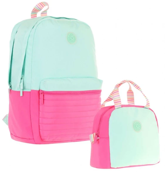 Kaukko Quick Yeşil Pembe Kapitone Detaylı Okul Çantası ve Isı Yalıtımlı Beslenme Seti - Kız Çocuk ürün görseli