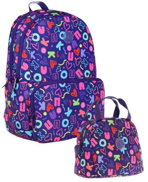Kaukko Kız Çocuk Okul Sırt Çantası ve Beslenme Çantası Seti - Lacivert - Kalp ve Kaukko Baskılı ürün görseli