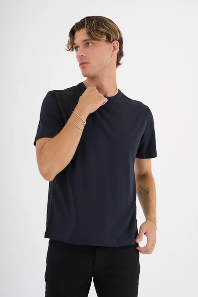 Erkek Lacivert %100 Pamuklu Standart Kalıp  Likralı Basic T-Shirt - 11