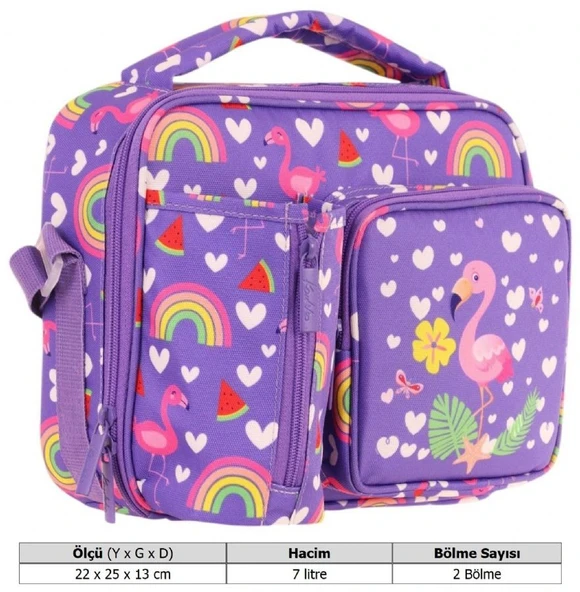 Kaukko Kız Çocuk, Pembe Mor, Flamingo Desenli Isı Yalıtımlı Üç Bölmeli (Matara Cepli) Okul Beslenme Çantası L7226 - Resim 3