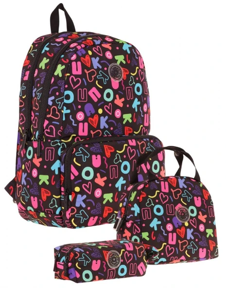 Kaukko Brokar Üçlü Okul Çanta Seti - Siyah - Kalp ve Kaukko Baskılı - Kız Çocuk ürün görseli