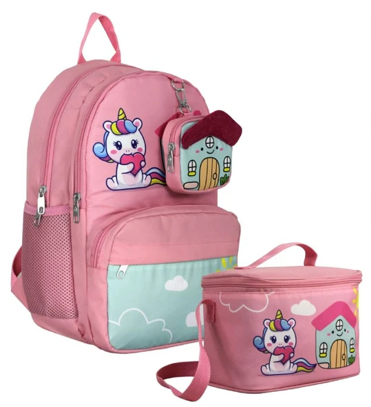 Cennec Unicorn Desenli Kız Çocuk Pembe Yeşil İkili Çanta ve Beslenme Seti - SETUMT5051B ürün görseli