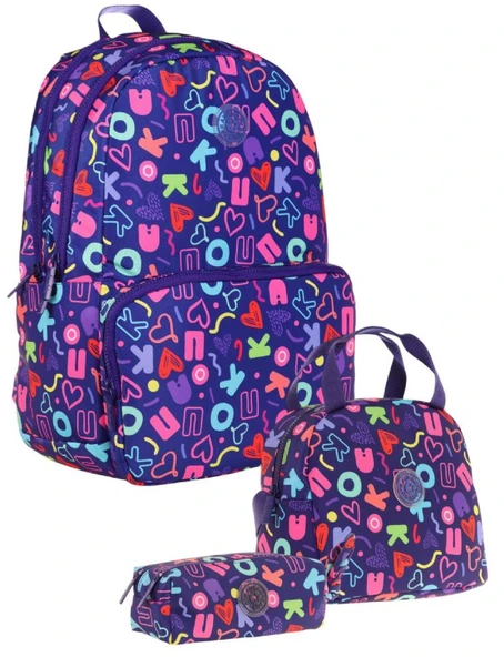 Kaukko Brokar Üçlü Okul Çanta Seti - Lacivert - Kalp ve Kaukko Baskılı - Kız Çocuk ürün görseli