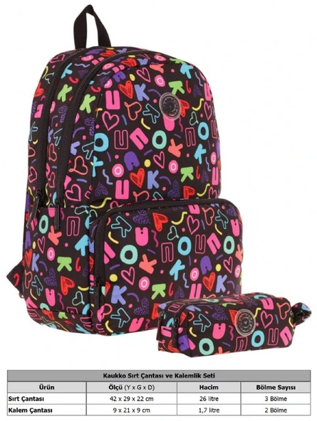 Kaukko Brokar Kalp ve Kaukko Baskılı Siyah Kız Çocuk Okul Çantası ve Kalemlik Seti - Resim 2